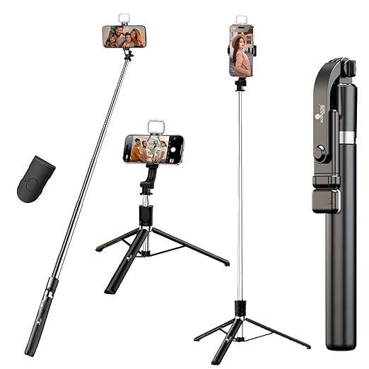 Pocketcam Studio Selfie Stick Tripod With Light, 67 inch /170CM Reinforced Tripod for Mobile Phone, Multi-Functional Bluetooth Long Selfie Stick for Travel,Vlogging,Compatible with iPhone and All Smartphones