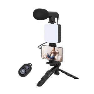 Pocketcam  Basics 6-in-1 Vlogging Kit for All Phones | Tripod, LED Video Light, Cardioid Microphone, Phone Clip, Bluetooth Remote & Microphone Cable | Useful for Live Broadcasting, Video Calling